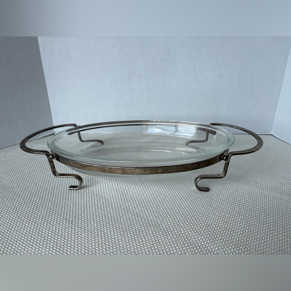 Vintage Oval Glass Casserole serving platter with Silverplate Footed Stand